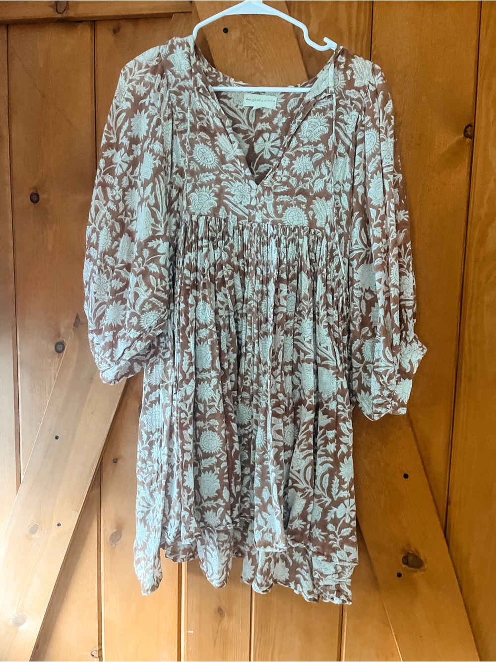 Daughters of India Boho Floral Peasant Tunic Dress - Brown & Cream